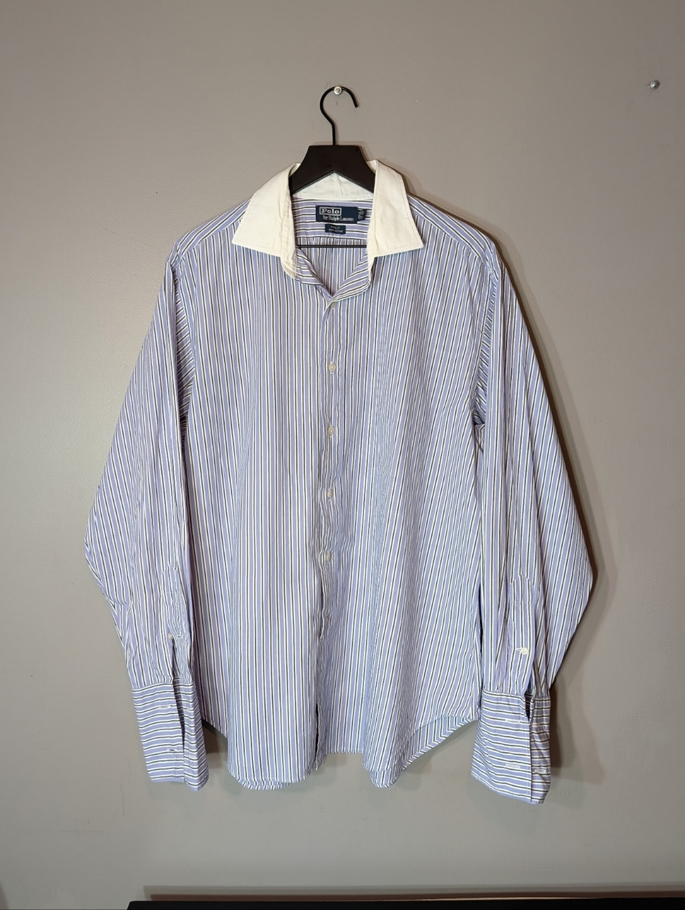 Ralph Lauren Blue and White Pinstripe Dress Shirt with White Collar